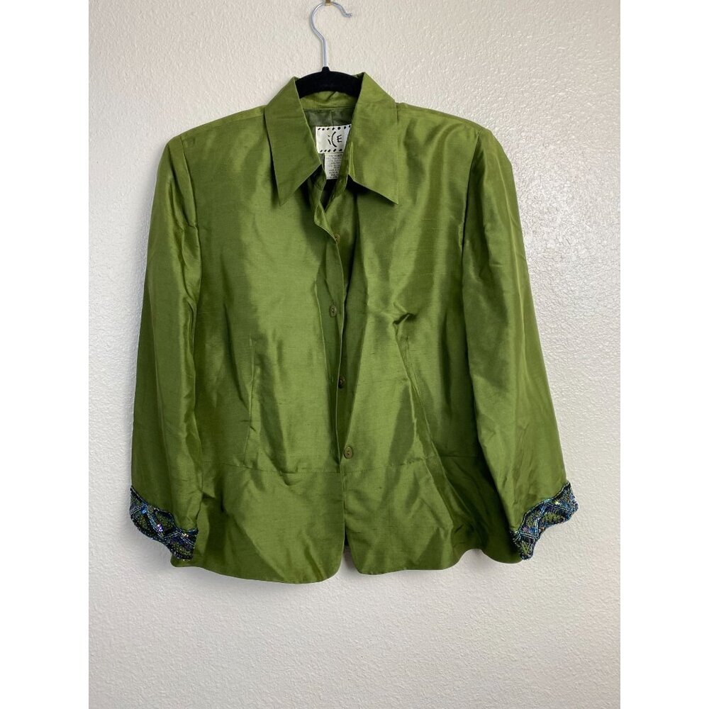 Vintage ICE‎ Silk Collared Green Button Up Shirt Women 10 Shoulder pads Sequin